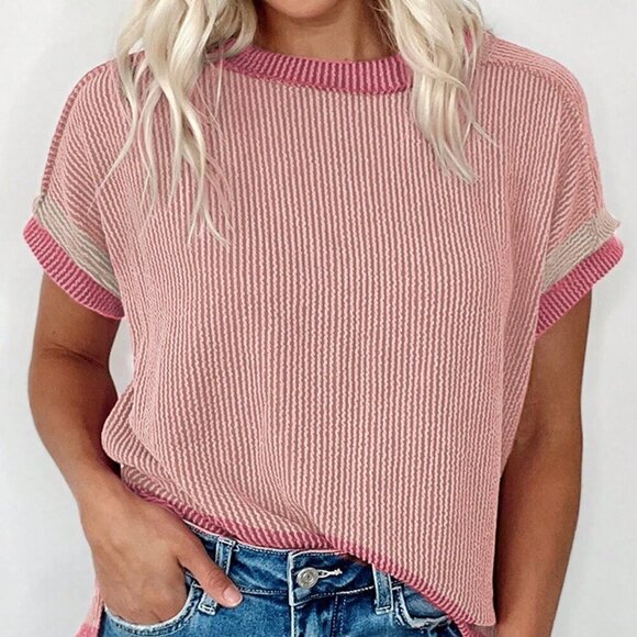 Tops - Pink Casual Women's Crew Neck Short Sleeve Striped Loose T-Shirt
